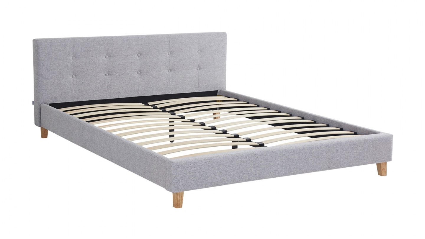 Ensemble Lit adulte 140x190cm avec tête de lit en tissu gris chiné - Milo + Matelas mémoire de forme - Dual Confort