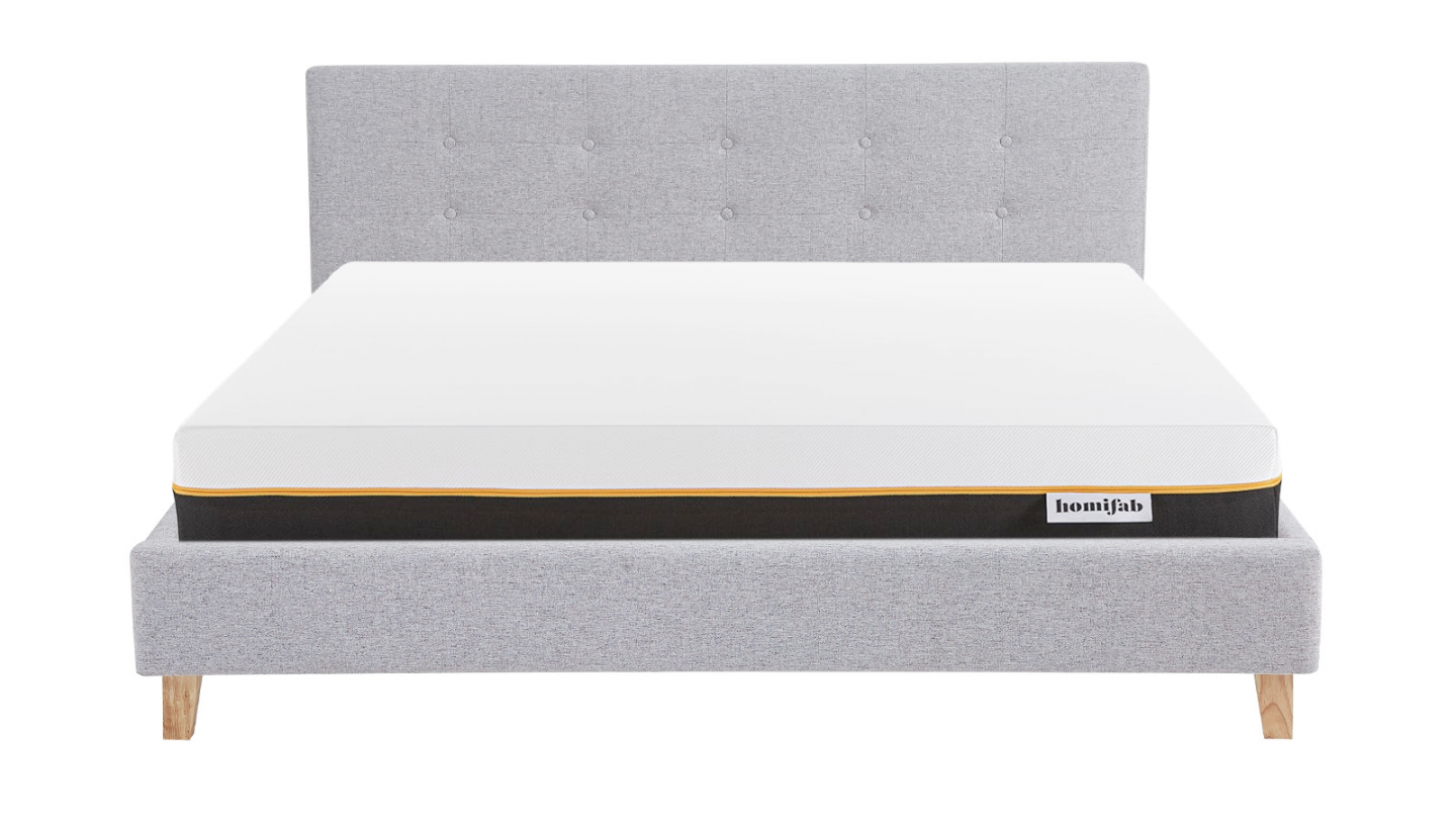 Ensemble Lit adulte 140x190cm avec tête de lit en tissu gris chiné - Milo + Matelas mémoire de forme - Dual Confort
