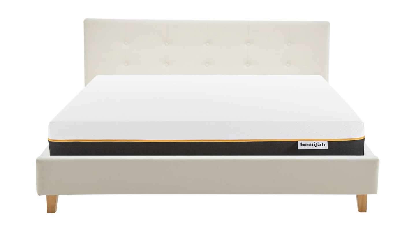 Ensemble Lit adulte 140x190cm avec tête de lit en velours beige - Milo + Matelas mémoire de forme - Dual Confort