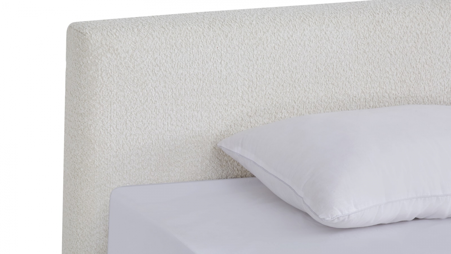 Ensemble Lit adulte 90x190cm avec tête de lit en tissu bouclé beige - Milo + Matelas mémoire de forme - Dual Confort