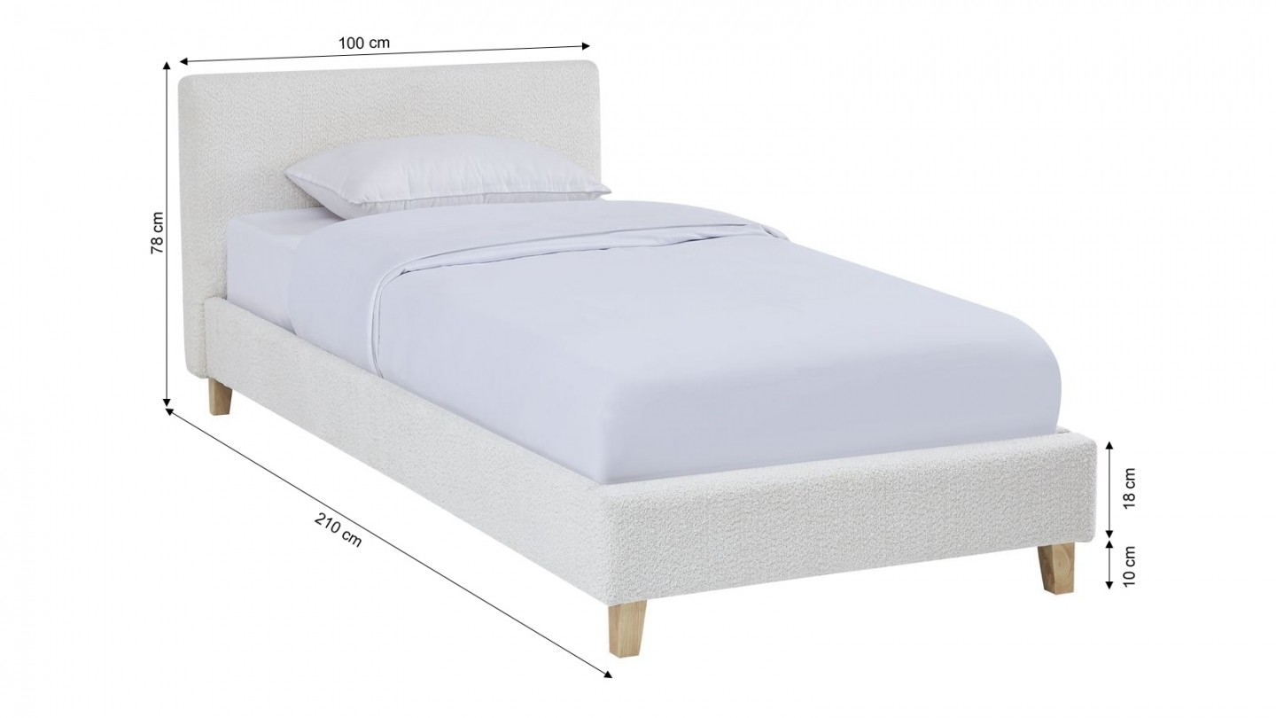 Ensemble Lit adulte 90x190cm avec tête de lit en tissu bouclé beige - Milo + Matelas mémoire de forme - Dual Confort