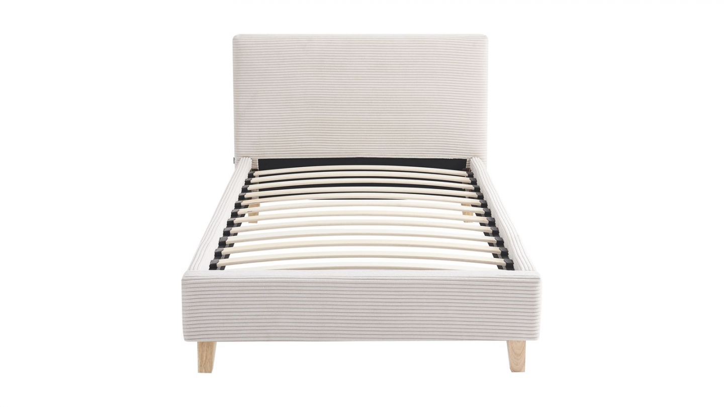 Ensemble Lit adulte 90x190cm avec tête de lit en velours côtelé beige - Milo + Matelas mémoire de forme - Dual Confort