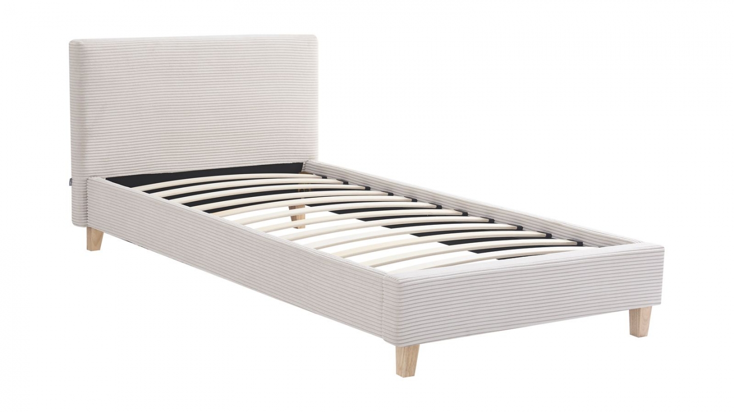 Ensemble Lit adulte 90x190cm avec tête de lit en velours côtelé beige - Milo + Matelas mémoire de forme - Dual Confort
