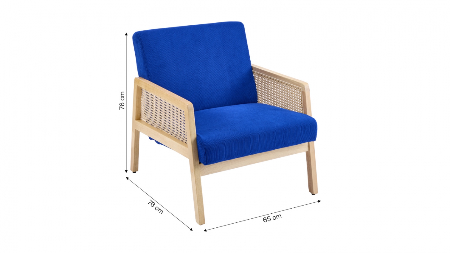 Fauteuil en cannage et velours côtelé bleu électrique - Mani