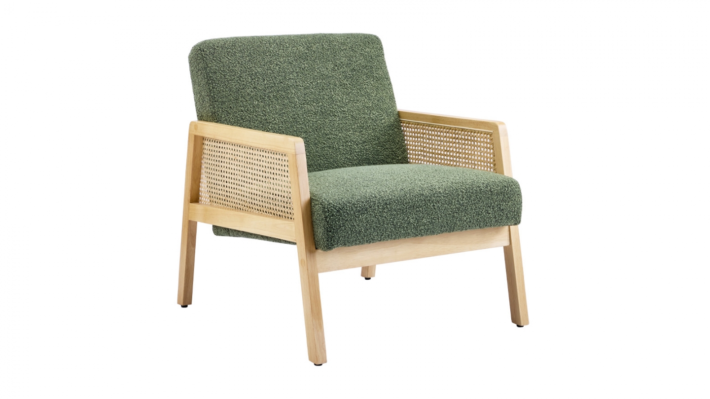 Fauteuil en cannage et tissu bouclé vert - Mani