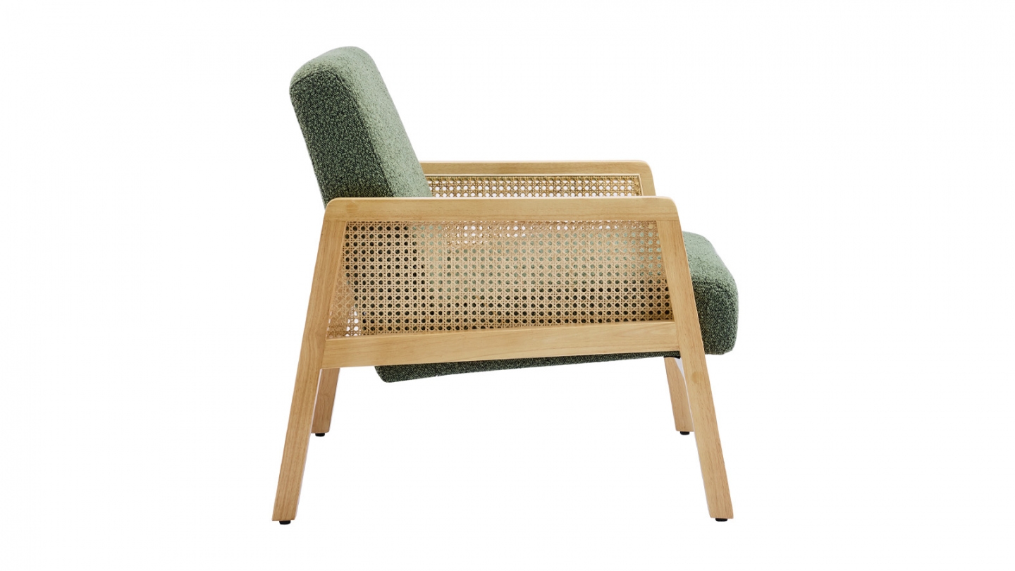 Fauteuil en cannage et tissu bouclé vert - Mani