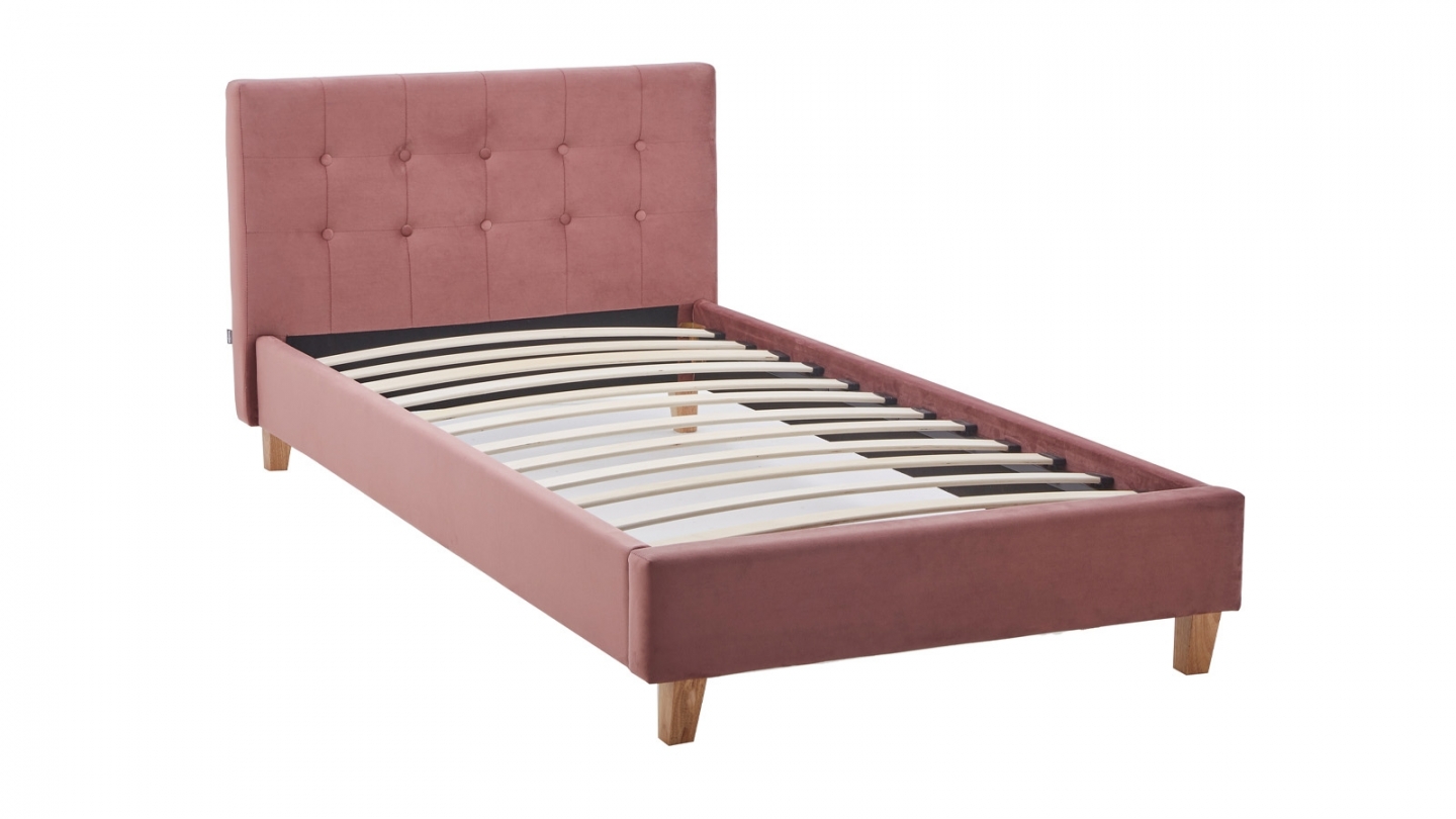 Ensemble Lit adulte 90x190cm avec tête de lit en velours vieux rose - Milo + Matelas mémoire de forme - Dual Confort