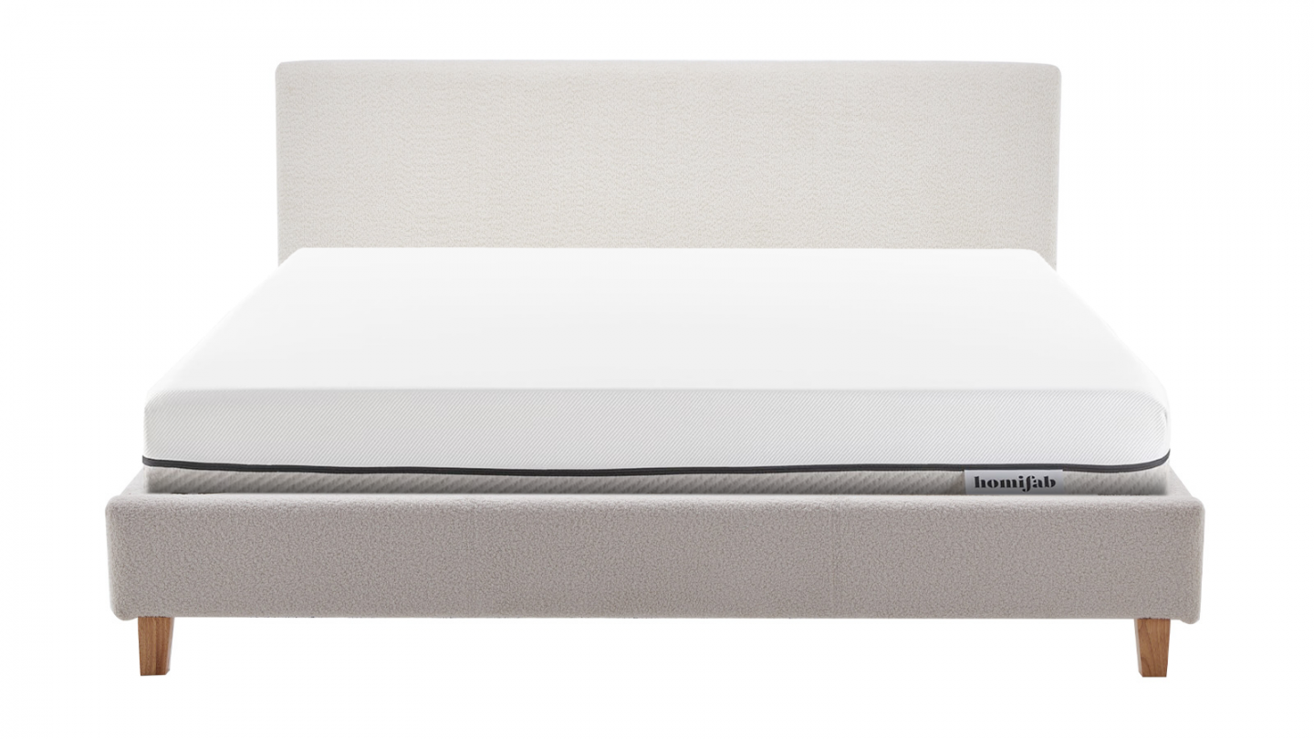 Ensemble Lit adulte 160x200cm avec tête de lit en tissu bouclé beige - Milo + Matelas ressorts ensachés - Spring Elite
