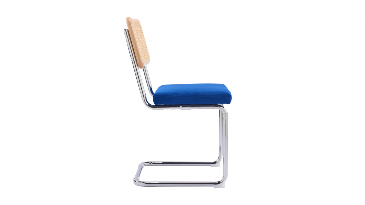 Lot de 2 chaises en cannage velours côtelé bleu électrique et métal chromé - Muse