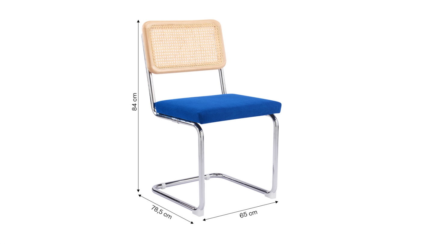 Lot de 2 chaises en cannage velours côtelé bleu électrique et métal chromé - Muse