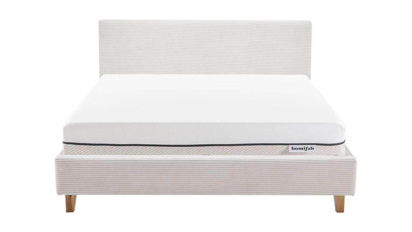 Ensemble Lit adulte 160x200cm avec tête de lit en velours côtelé beige - Milo + Matelas ressorts ensachés - Spring Elite