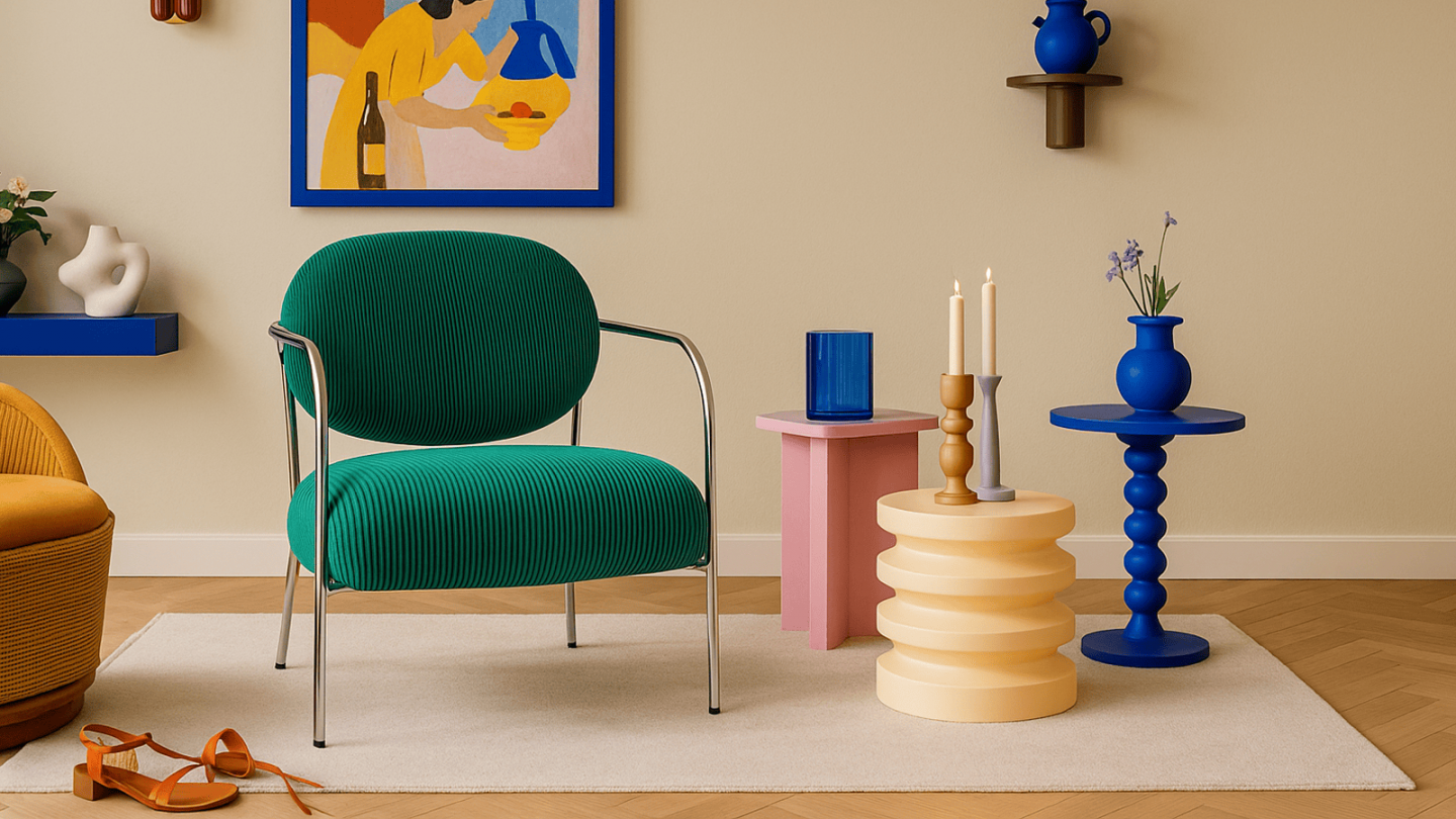 Fauteuil en velours côtelé vert électrique et piètement chromé - Léon