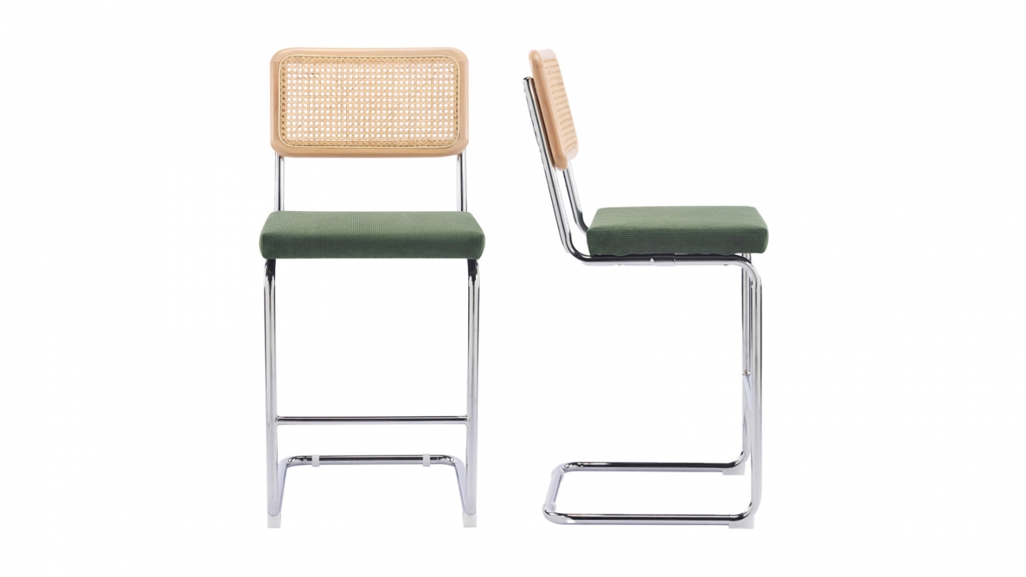 Lot de 2 tabourets de bar en velours côtelé vert kaki et cannage - Muse