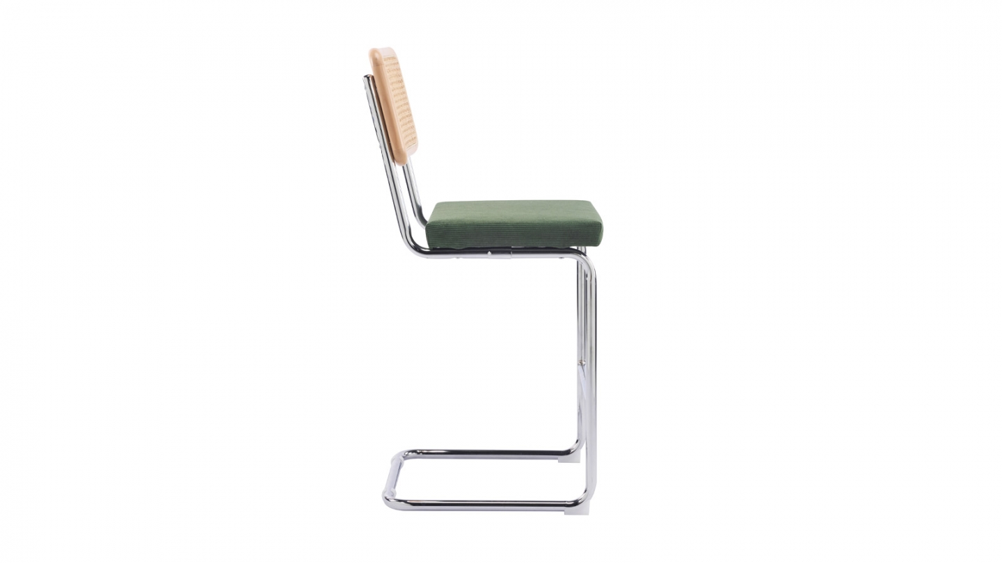 Lot de 2 tabourets de bar en velours côtelé vert kaki et cannage - Muse