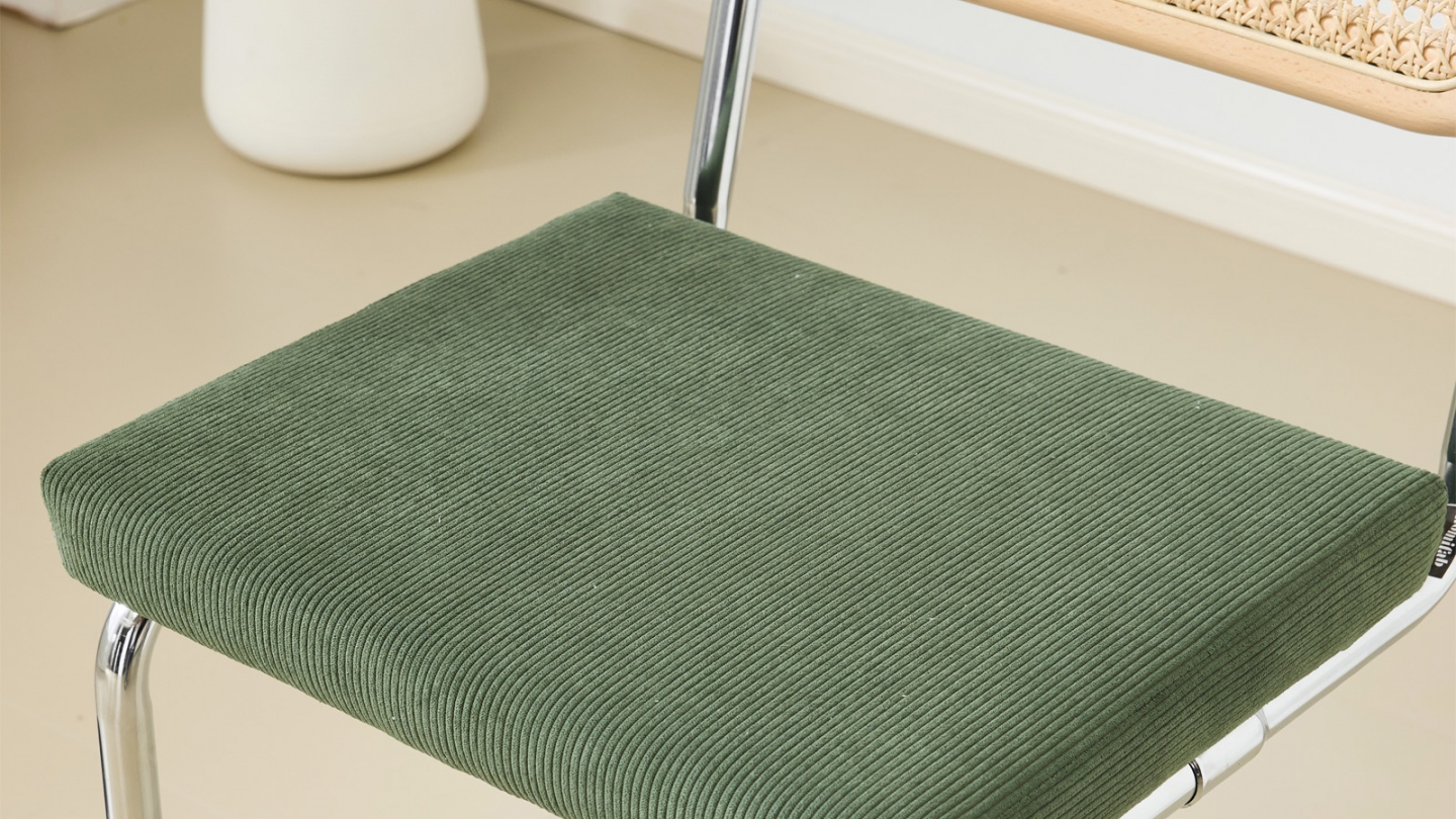 Lot de 2 tabourets de bar en velours côtelé vert kaki et cannage - Muse