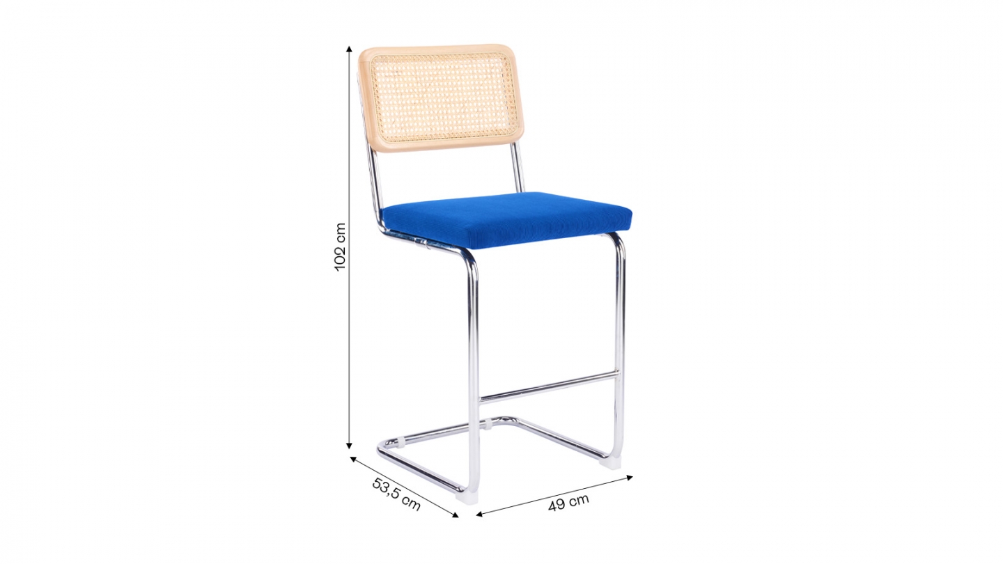 Lot de 2 tabourets de bar en velours côtelé bleu électrique et cannage - Muse