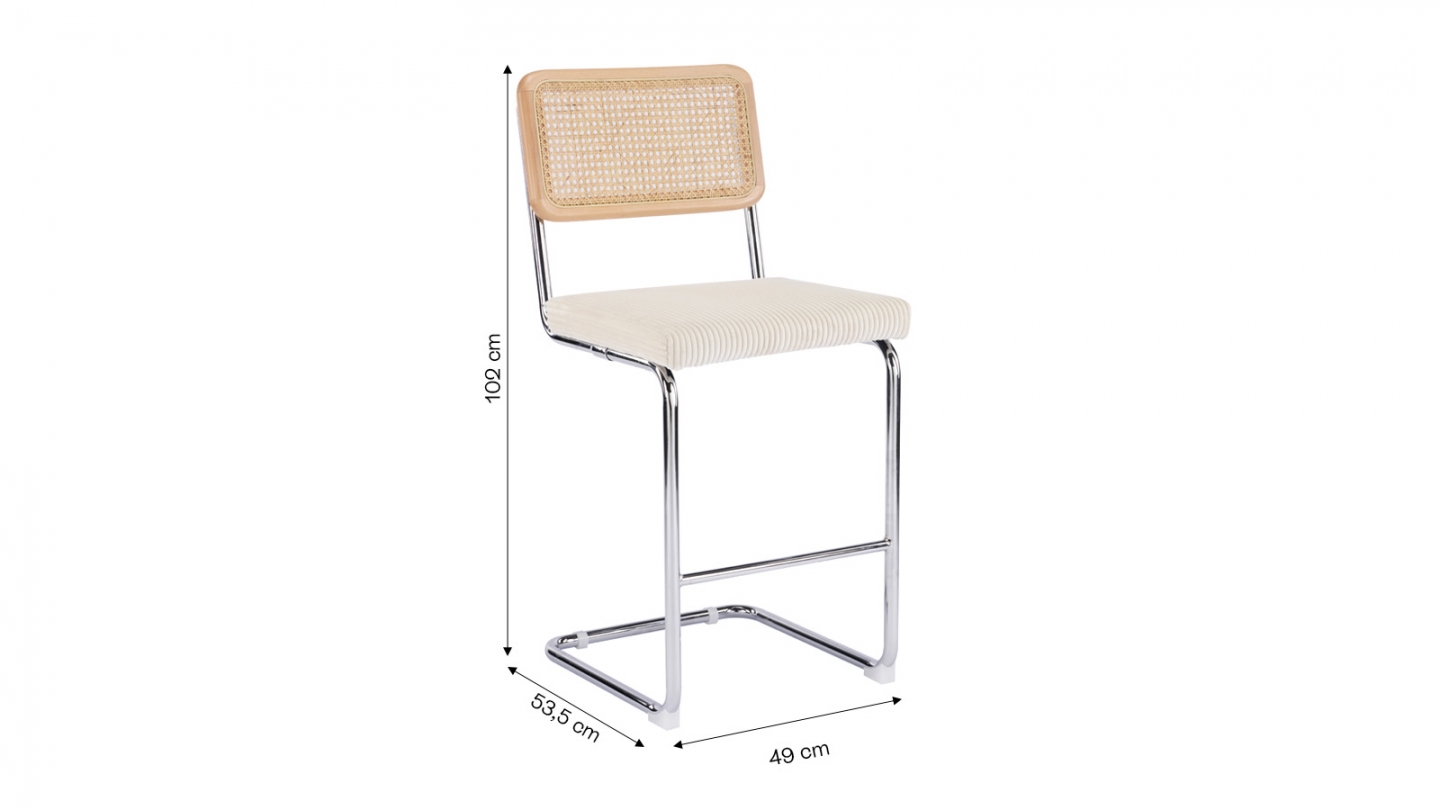 Lot de 2 tabourets de bar en velours côtelé beige et cannage - Muse