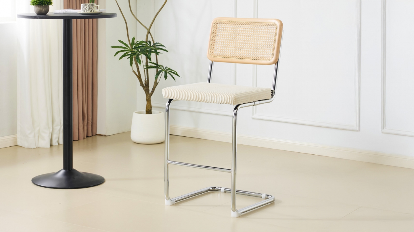 Lot de 2 tabourets de bar en velours côtelé beige et cannage - Muse