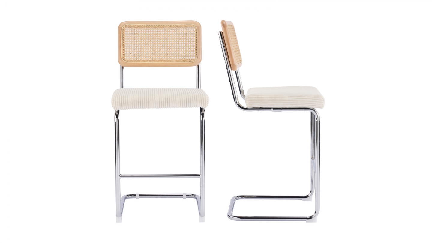 Lot de 2 tabourets de bar en velours côtelé beige et cannage - Muse