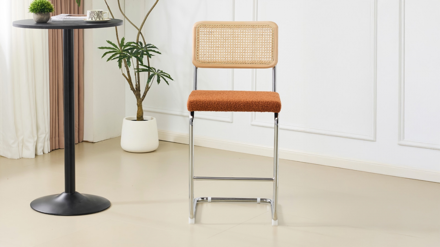 Lot de 2 tabourets de bar en tissu bouclé rouille et cannage - Muse