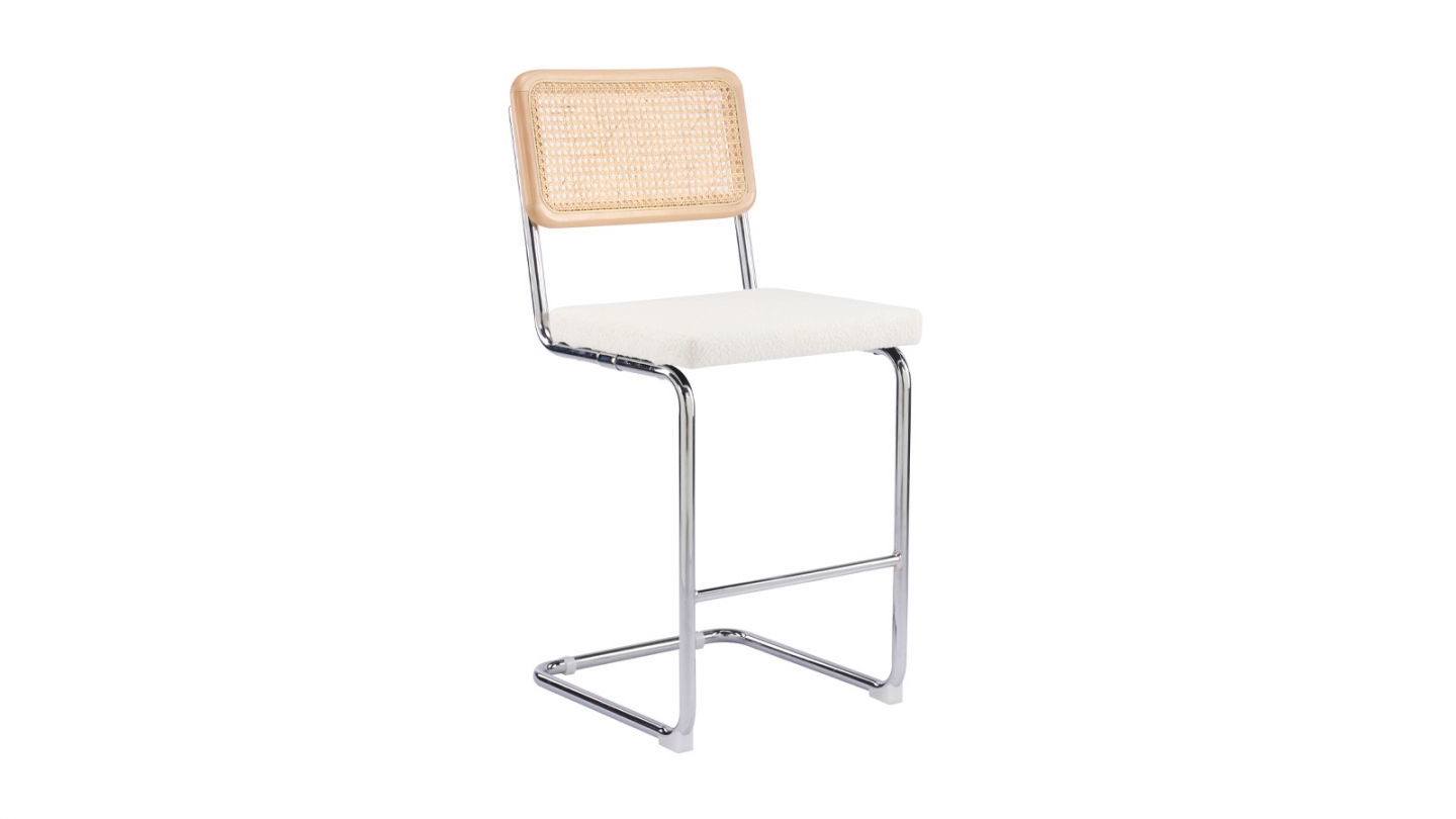 Lot de 2 tabourets de bar en tissu bouclé beige et cannage - Muse