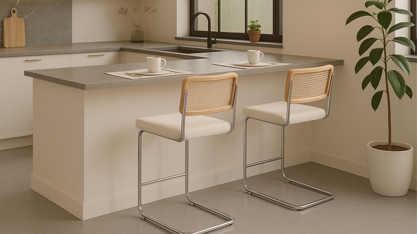Lot de 2 tabourets de bar en tissu bouclé beige et cannage - Muse