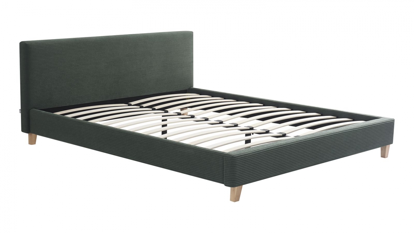 Ensemble Lit adulte 140x190cm avec tête de lit en velours côtelé vert kaki - Milo + Matelas ressorts ensachés - Spring Elite