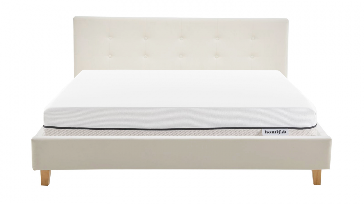 Ensemble Lit adulte 140x190cm avec tête de lit en velours beige - Milo + Matelas ressorts ensachés - Spring Elite