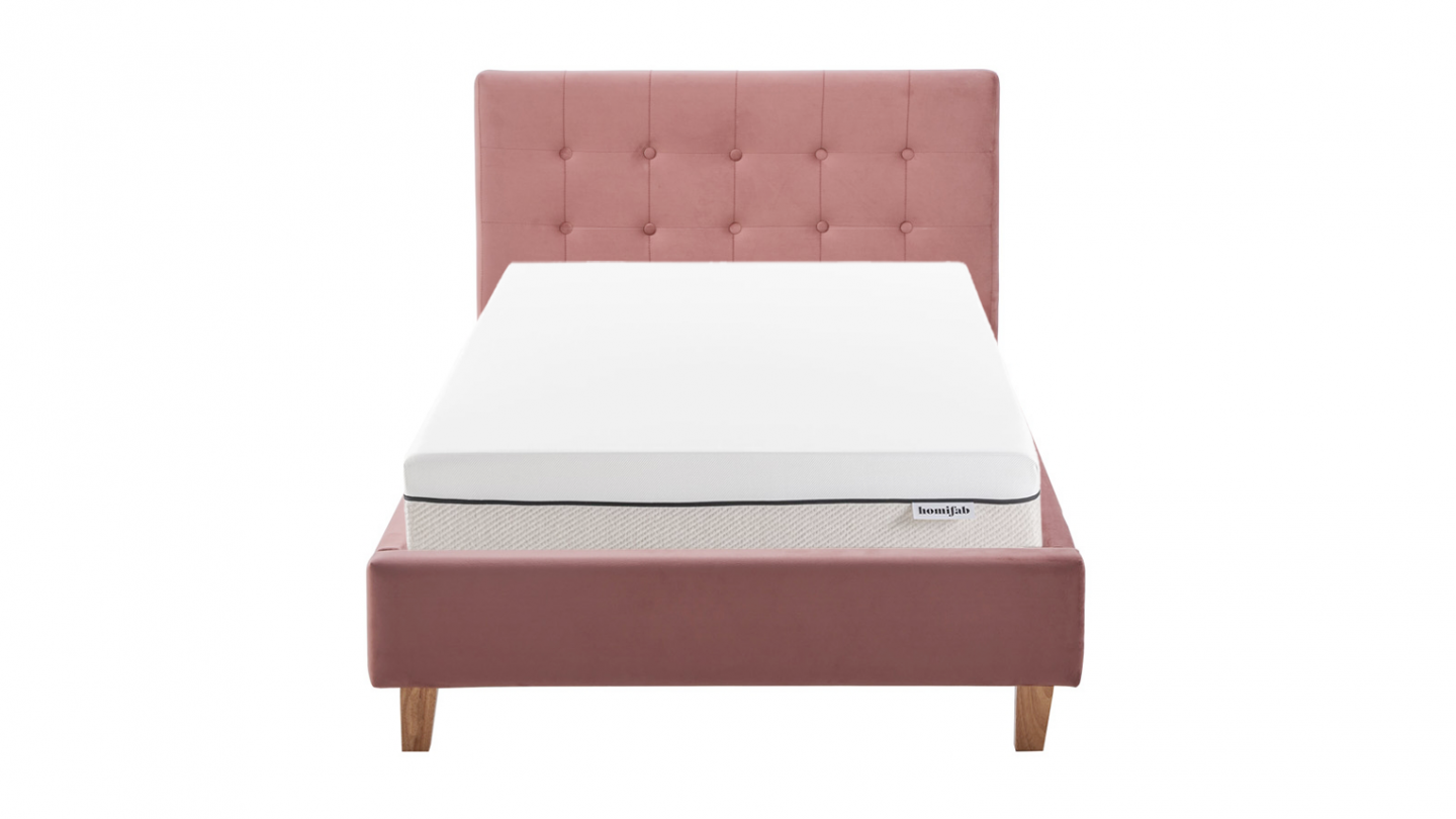 Ensemble Lit adulte 90x190cm avec tête de lit en velours vieux rose - Milo + Matelas ressorts ensachés - Spring Elite
