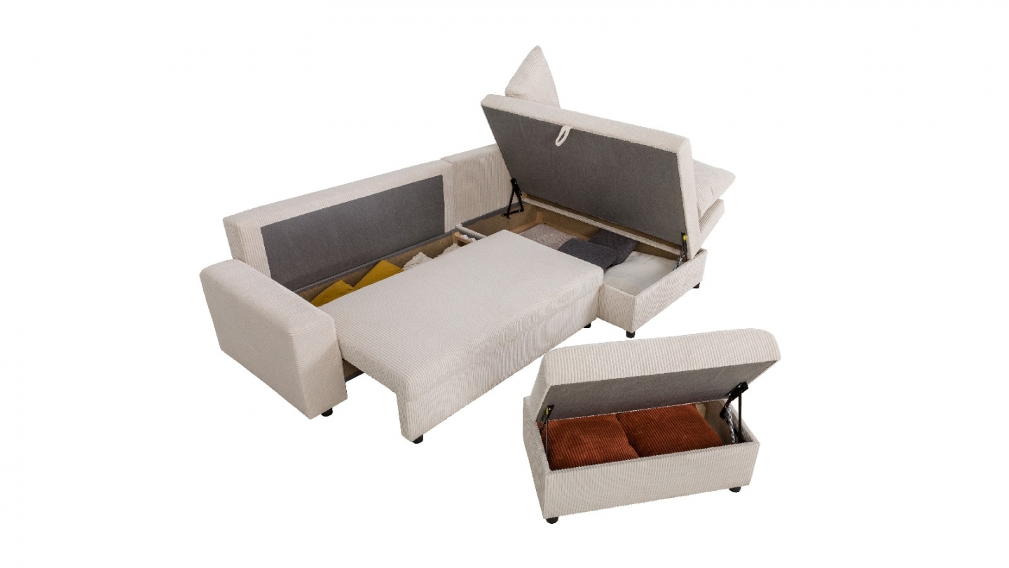 Canapé d'angle convertible réversible 4/5 places en velours côtelé beige - Malte