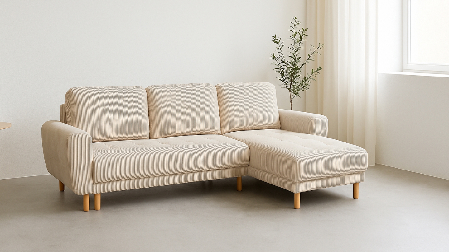 Canapé d'angle convertible réversible 3/4 places en velours côtelé beige - Alva