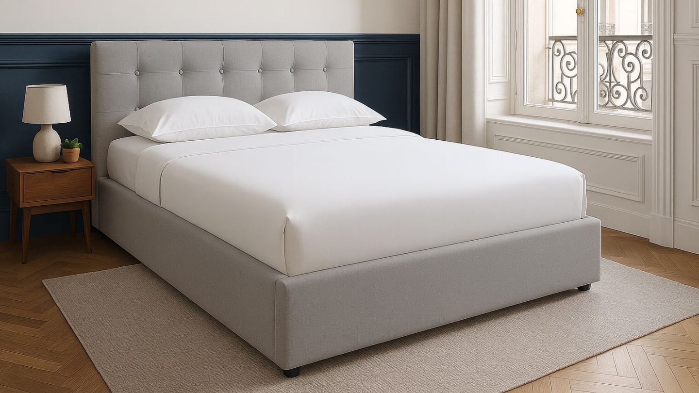 Lit coffre adulte 160x200 cm avec tête de lit capitonnée en tissu gris et sommier - Tina