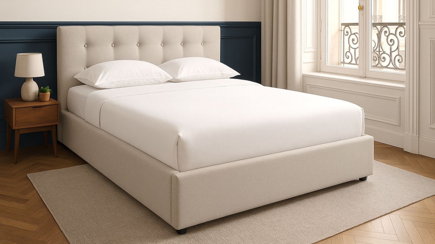Lit coffre adulte 180x200 cm avec tête de lit capitonnée en tissu beige et sommier - Tina