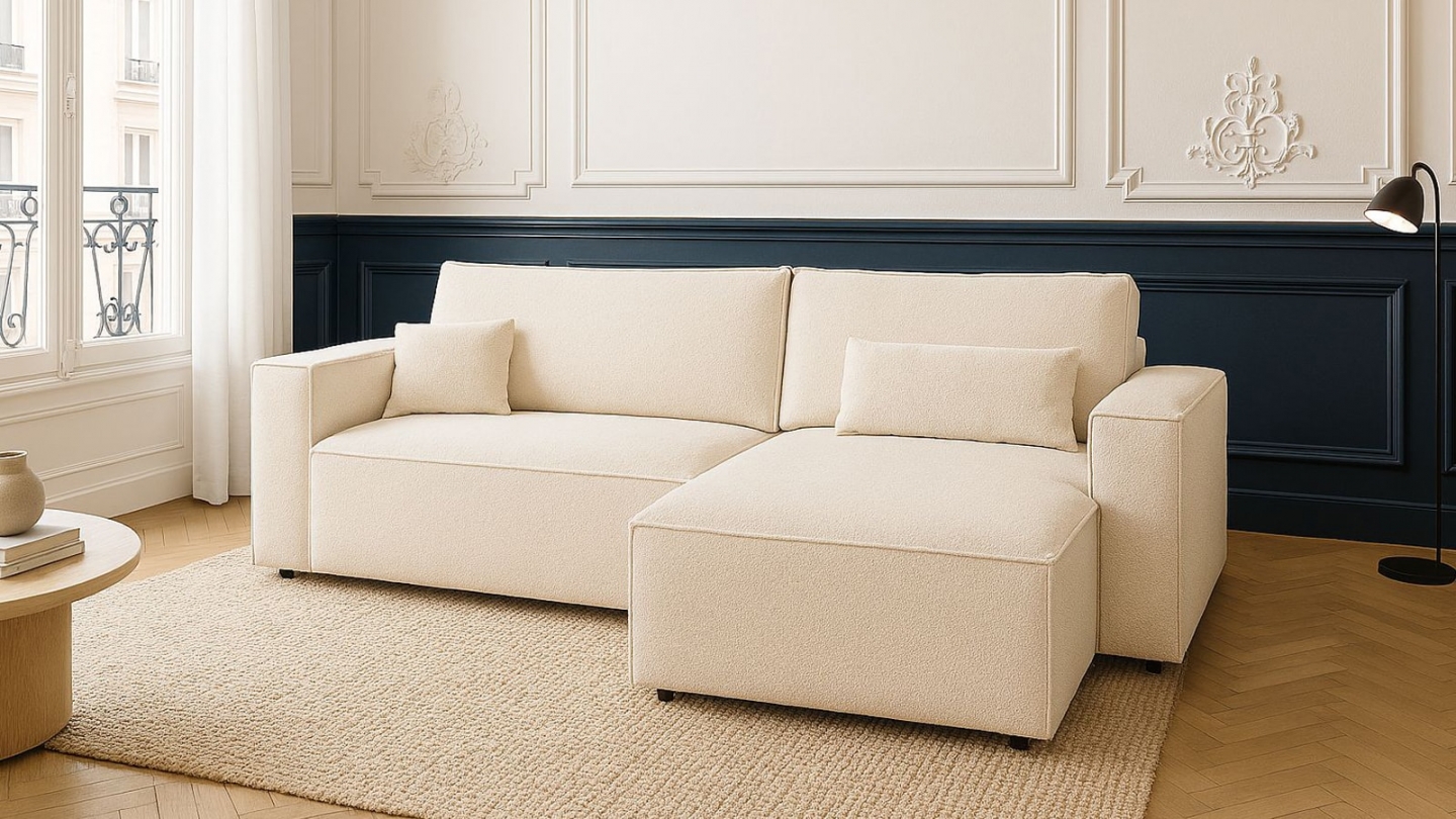 Canapé d'angle convertible réversible 4 places avec coffre de rangement en tissu bouclé écru- Livia