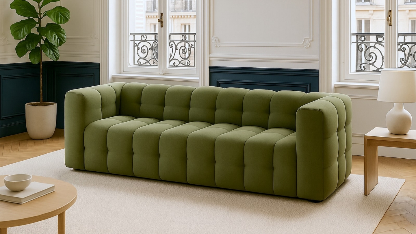 Canapé 3 places en tissu chenille vert olive - Cester