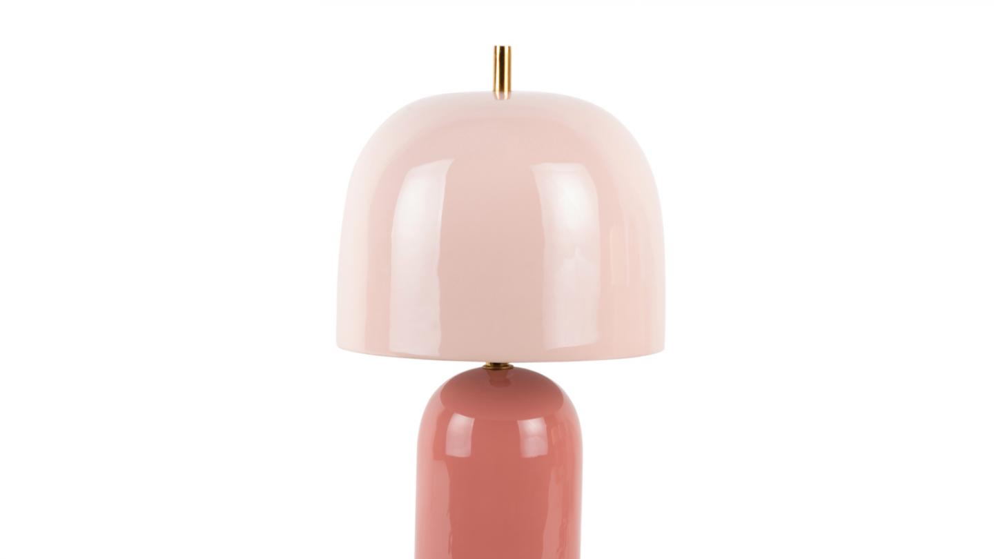 Lampe à poser champignon en métal émaillé rose brun avec rose pâle - Rico