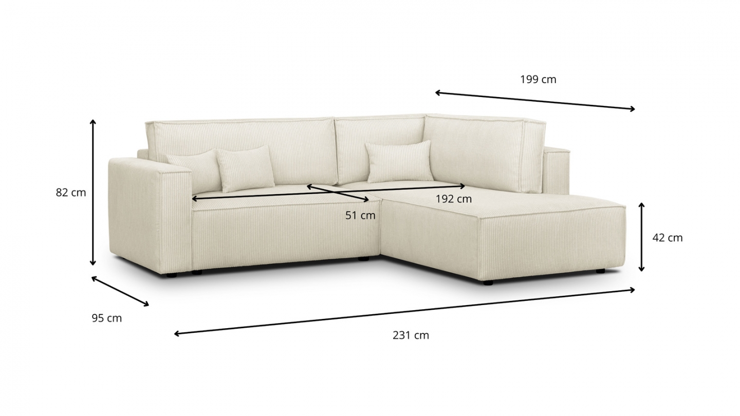 Canapé d'angle ouvert à droite convertible 3 places en velours côtelé beige - Emma