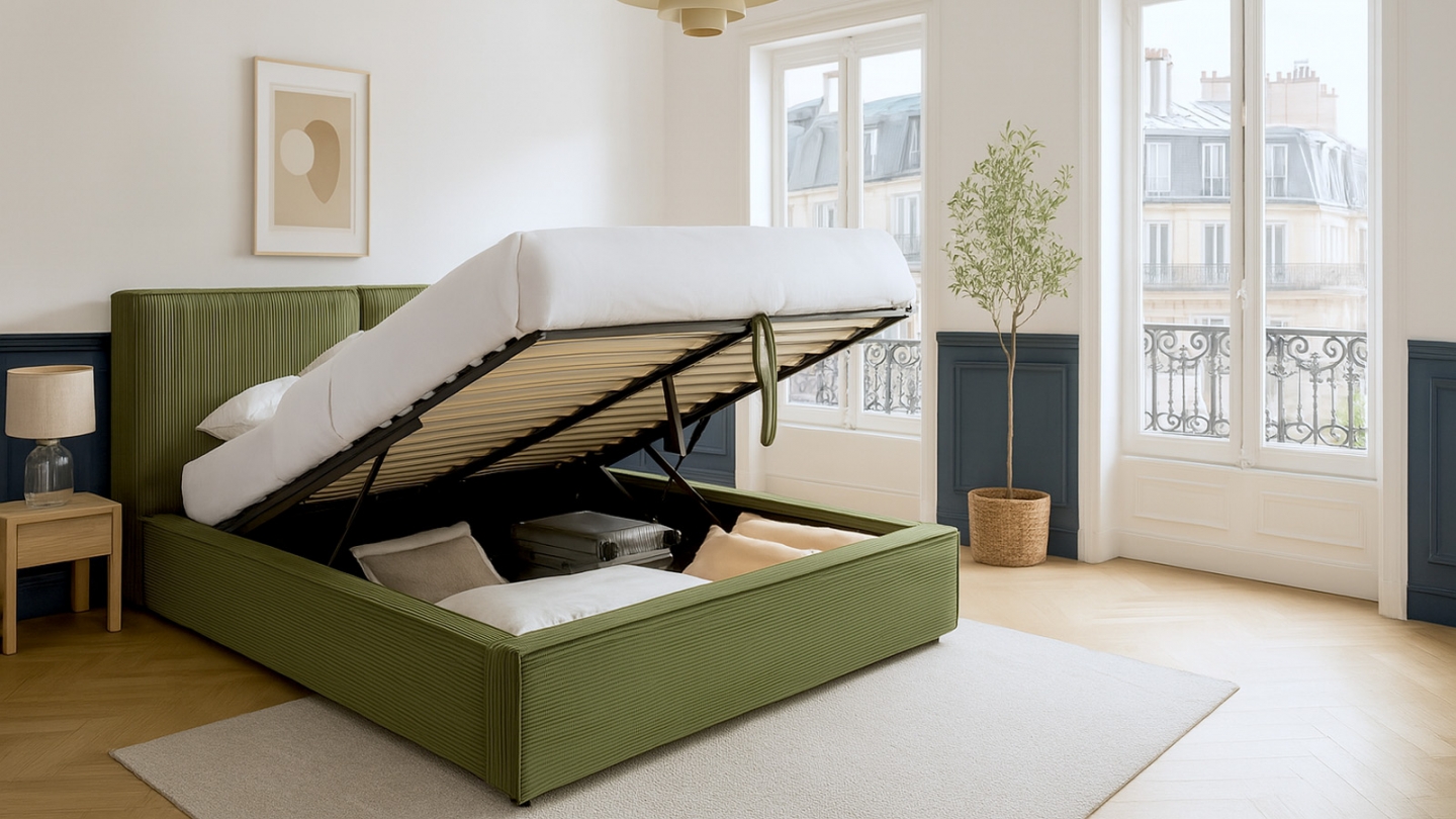 Lit coffre adulte 160x200 cm avec sommier et tête de lit matelassée en velours côtelé vert kaki - Arno