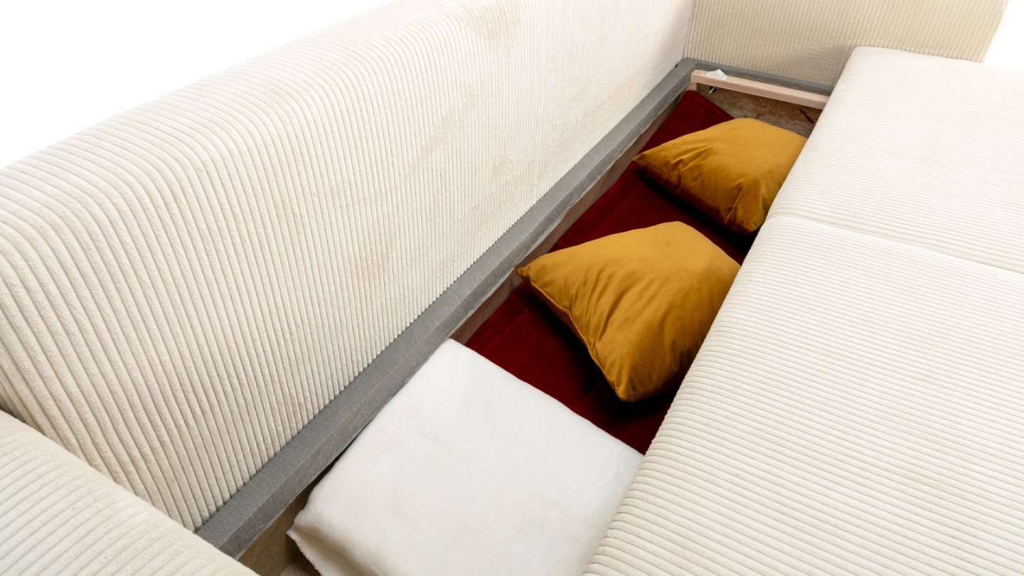 Canapé convertible 3 places en velours côtelé beige avec coffre de rangement - Uma