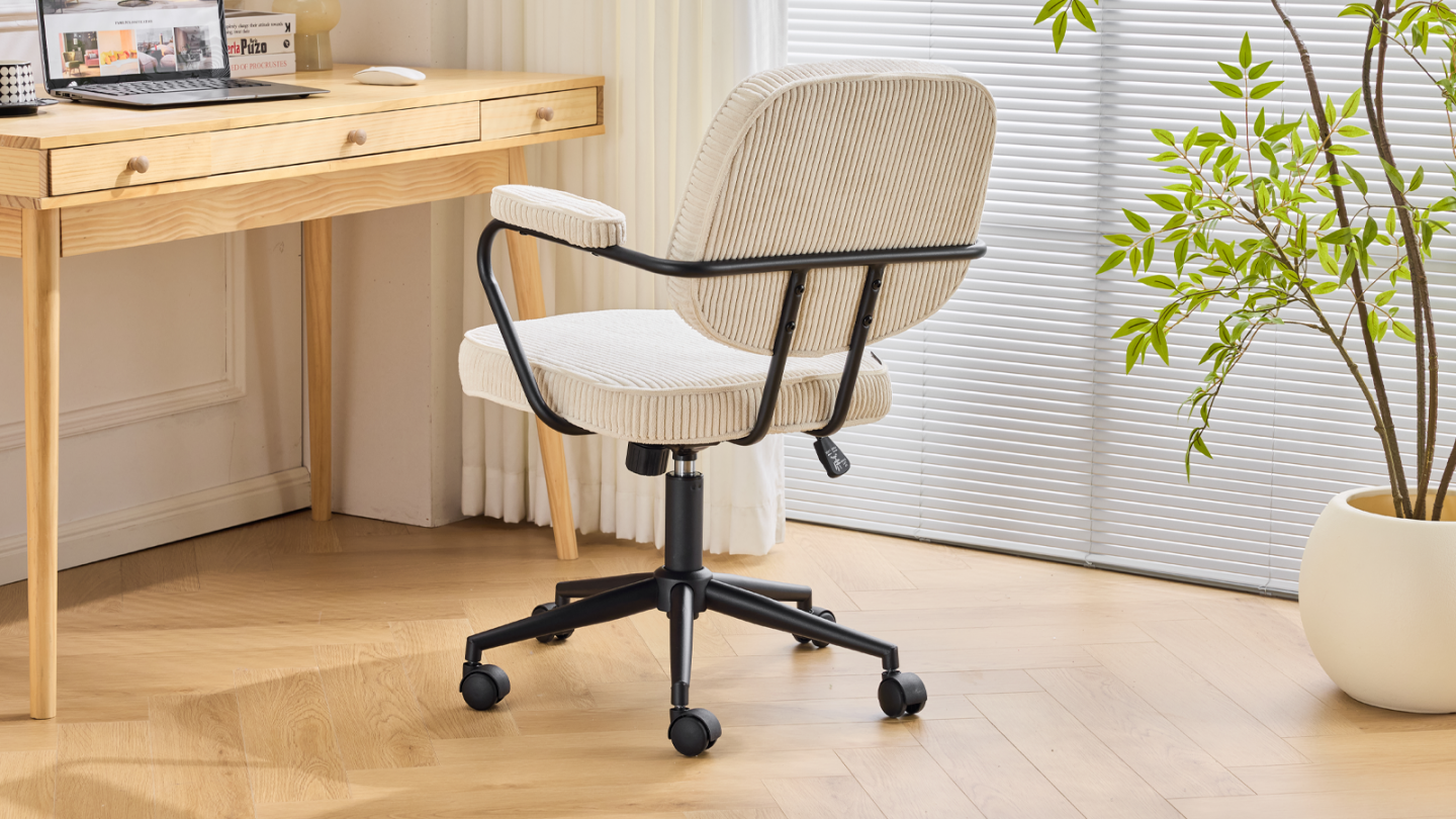Fauteuil de bureau pivotant et réglable en hauteur en velours côtelé beige - Ann