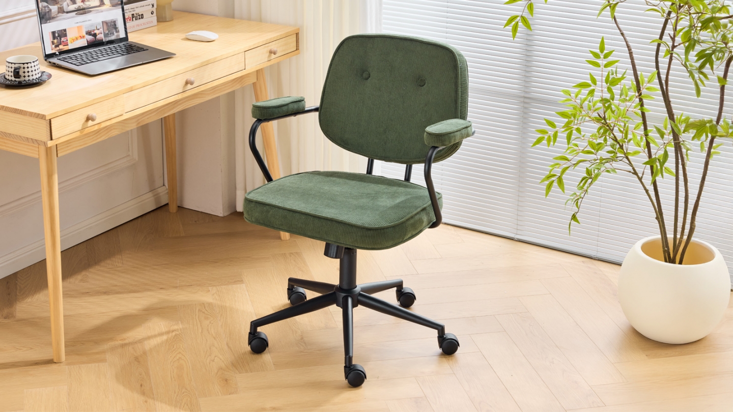 Fauteuil de bureau pivotant et réglable en hauteur en velours côtelé vert kaki - Ann