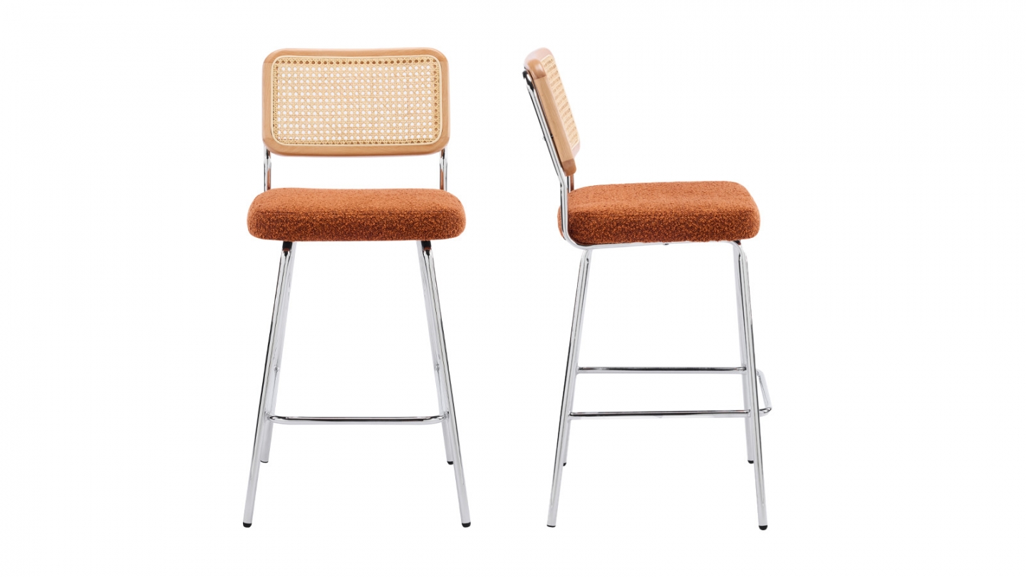 Lot de 2 chaises de bar en cannage et tissu bouclé rouille, piètement chromé - Muse