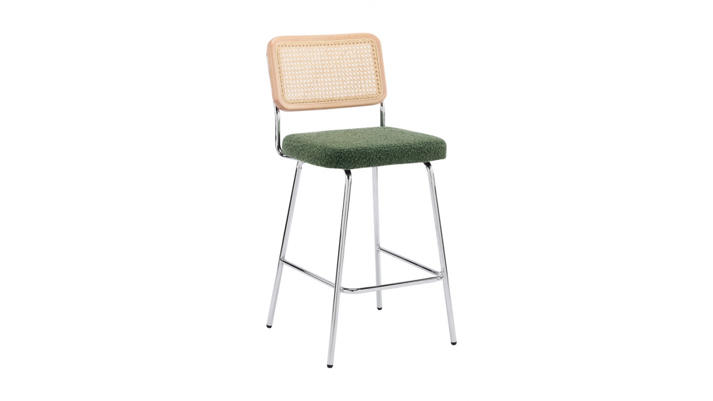 Lot de 2 chaises de bar en cannage et tissu bouclé vert, piètement chromé - Muse