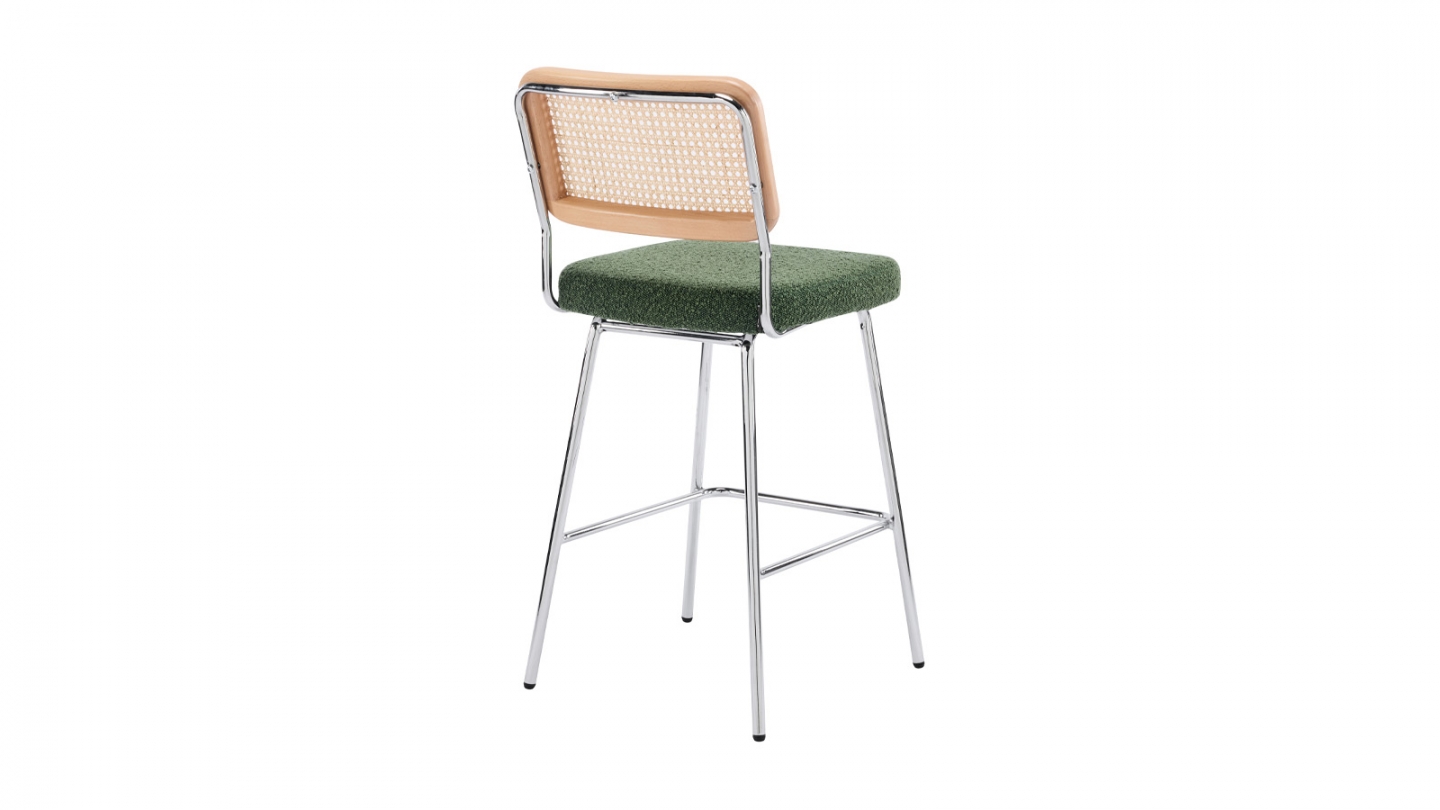 Lot de 2 chaises de bar en cannage et tissu bouclé vert, piètement chromé - Muse