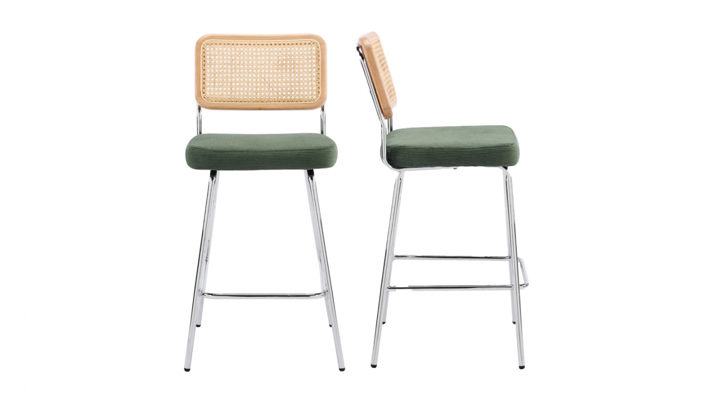 Lot de 2 chaises de bar en cannage et velours côtelé vert kaki, piètement chromé - Muse