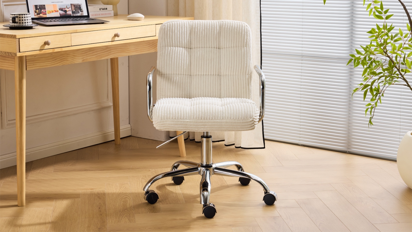 Fauteuil de bureau pivotant et réglable en hauteur en velours côtelé beige - Nolan
