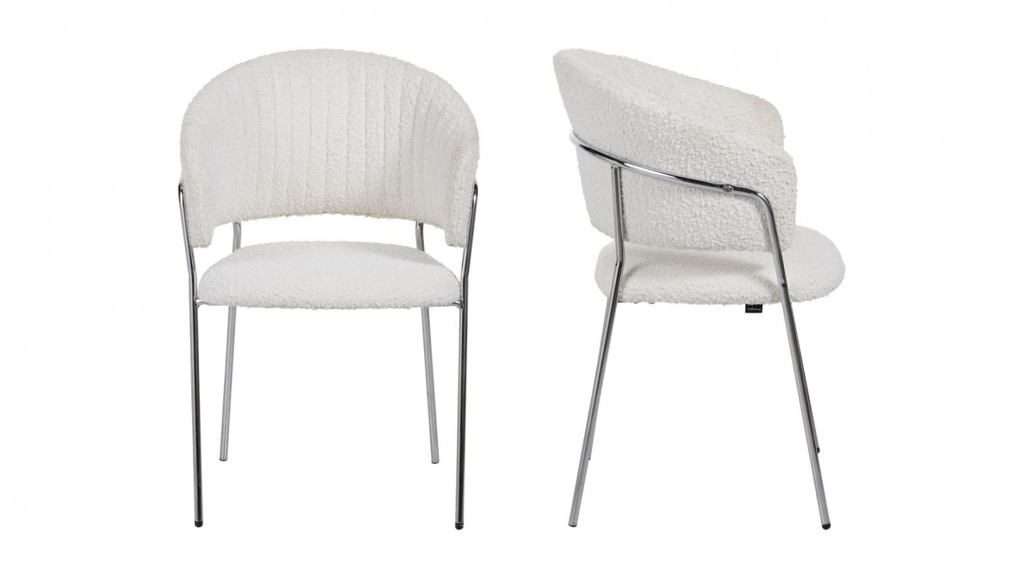 Lot de 2 chaises en tissu bouclé beige et piètement chromé - Isya