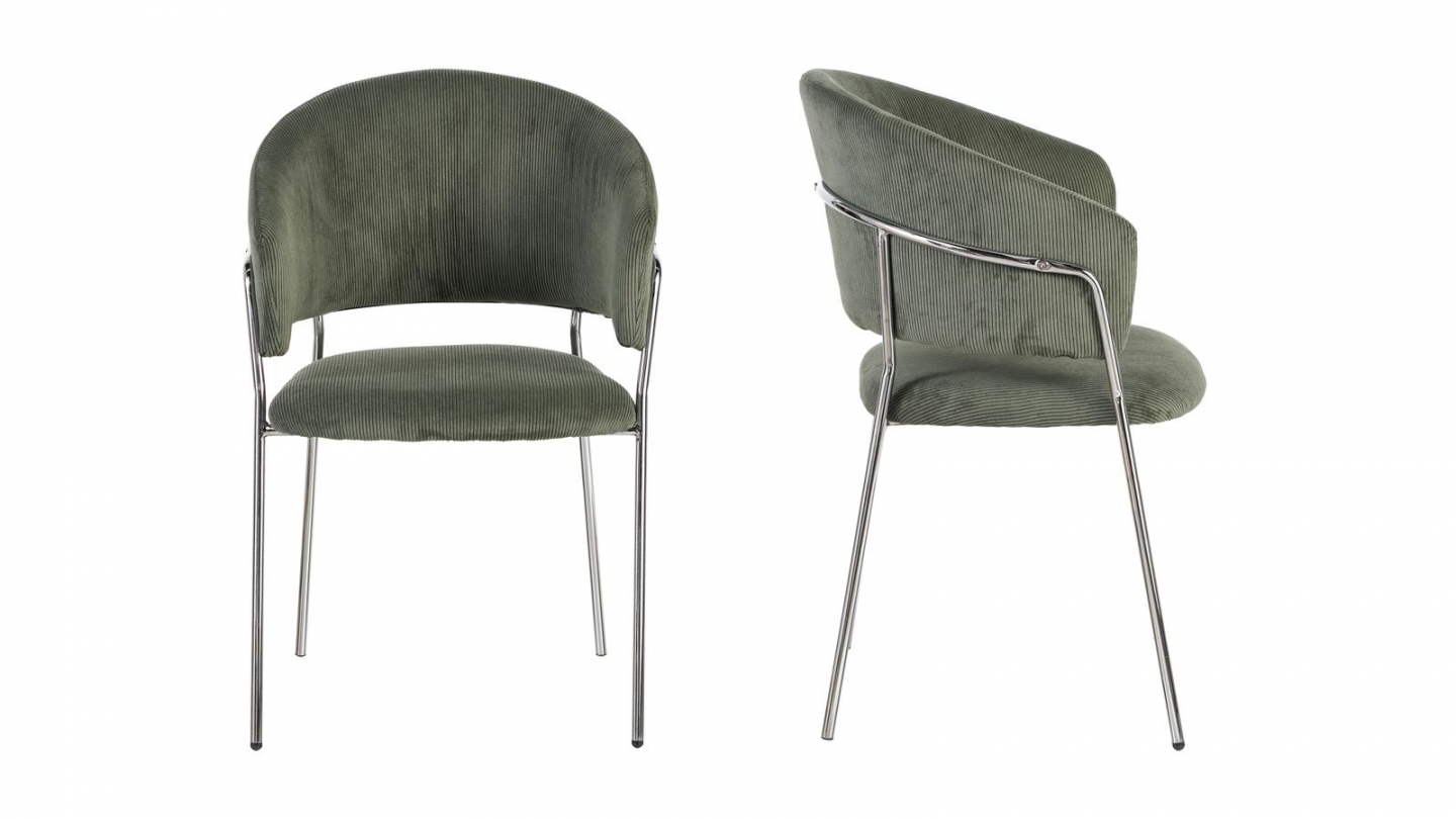 Lot de 2 chaises en velours côtelé vert kaki et piètement chromé - Isya