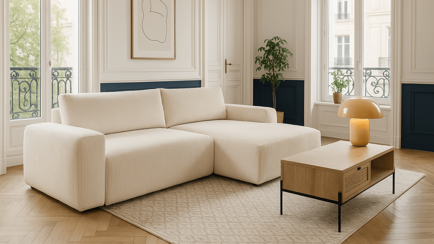 Canapé d'angle droit convertible 3 places en velours côtelé beige - Sonny
