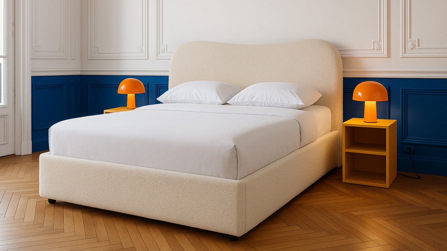 Lit coffre adulte 160x200 cm avec tête le lit arrondie en tissu bouclé beige - Suzon